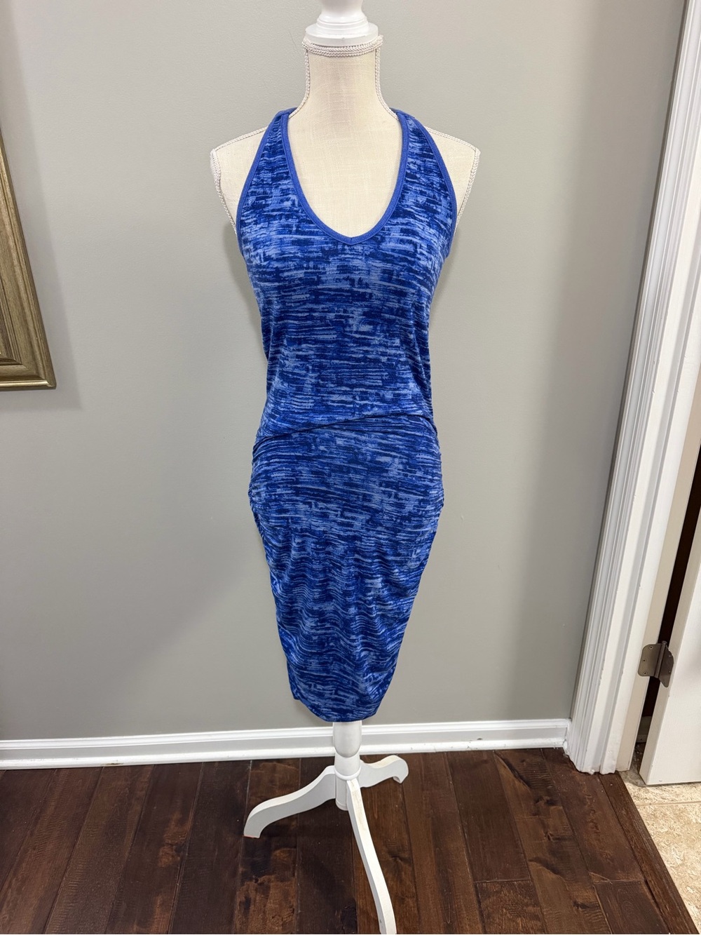Athleta Ruched Sided Blue Racerback Bodycon Midi Dress. Size XS